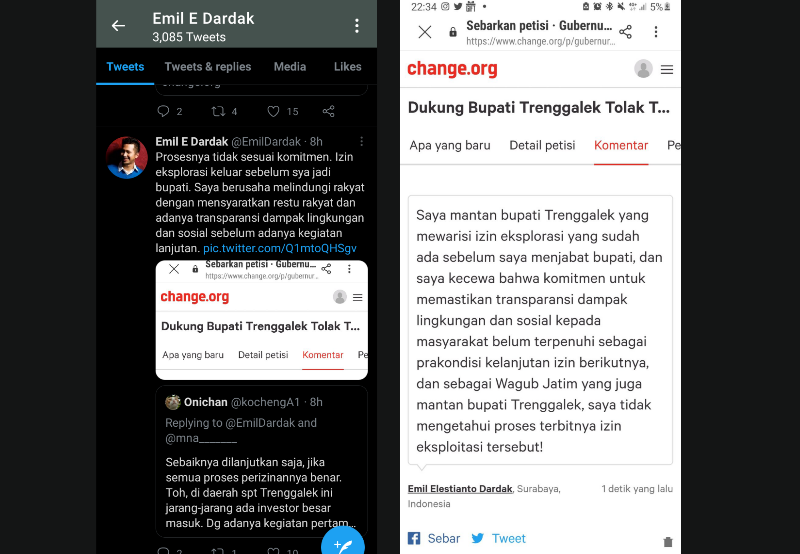 Tangkapan layar cuitan Wagub Jatim Emil Dardak dan aksinya ikut tandatangan petisi di Change.org.