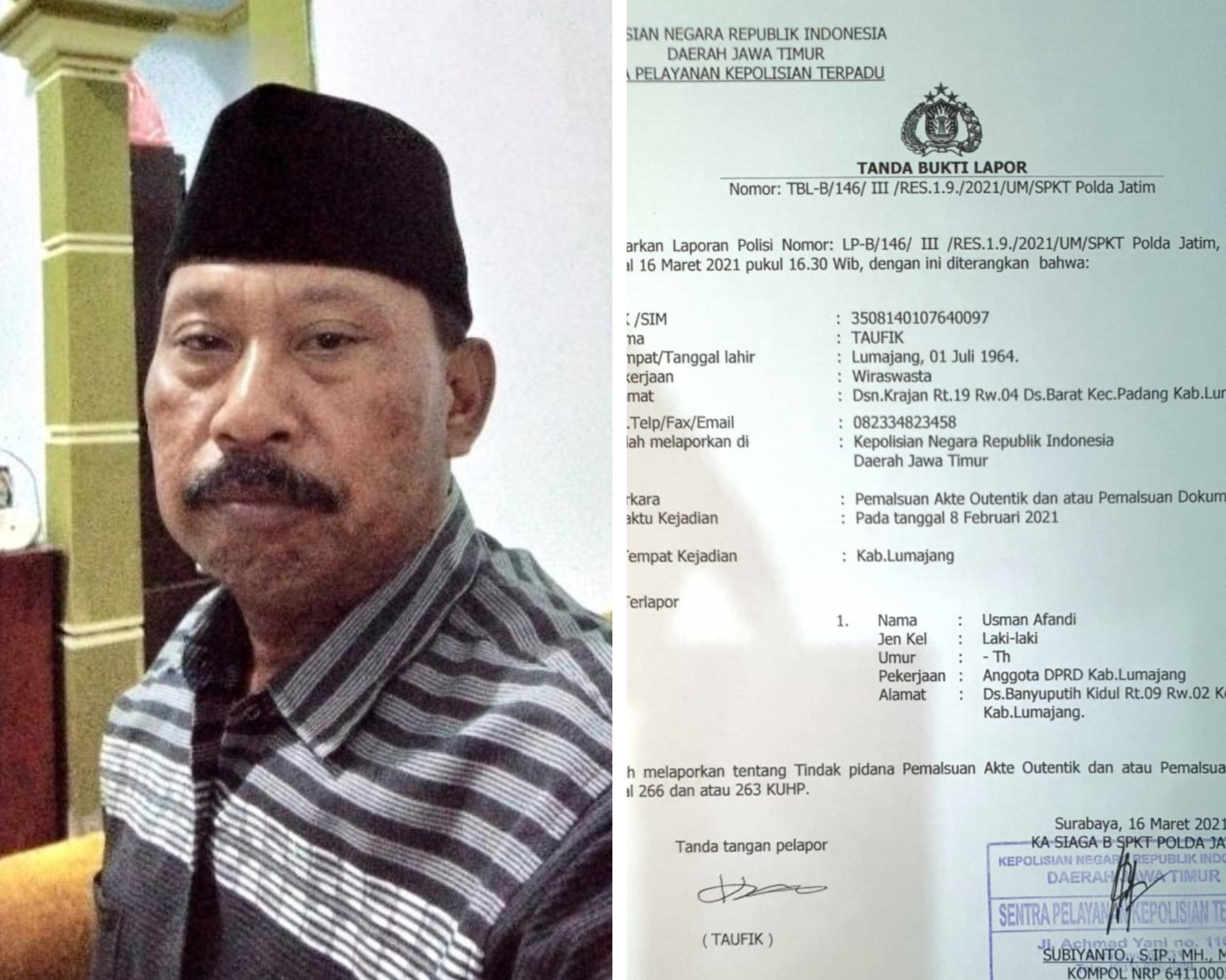 Lestari, Mantan Kades Barat, Kecamatan Padang, Kabupaten Lumajang dan LP Polda Jatim.
