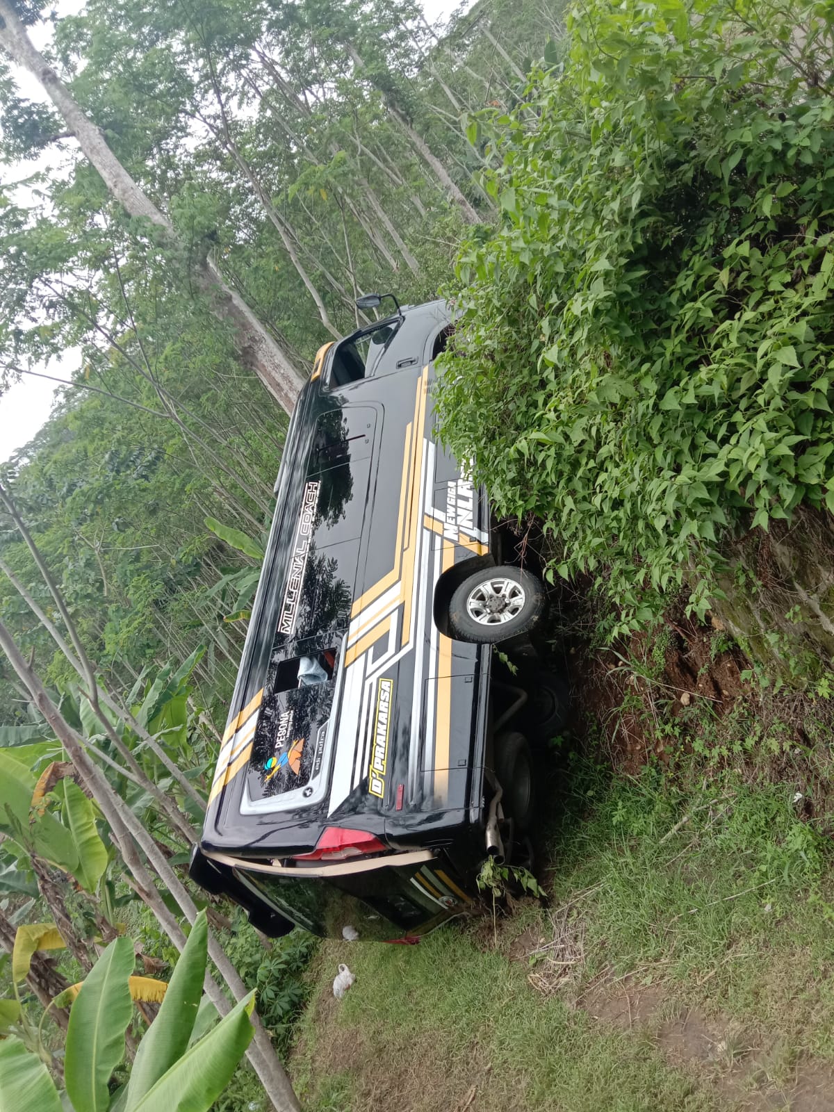 Mobil Elf yang masuk jurang menunggu evakuasi