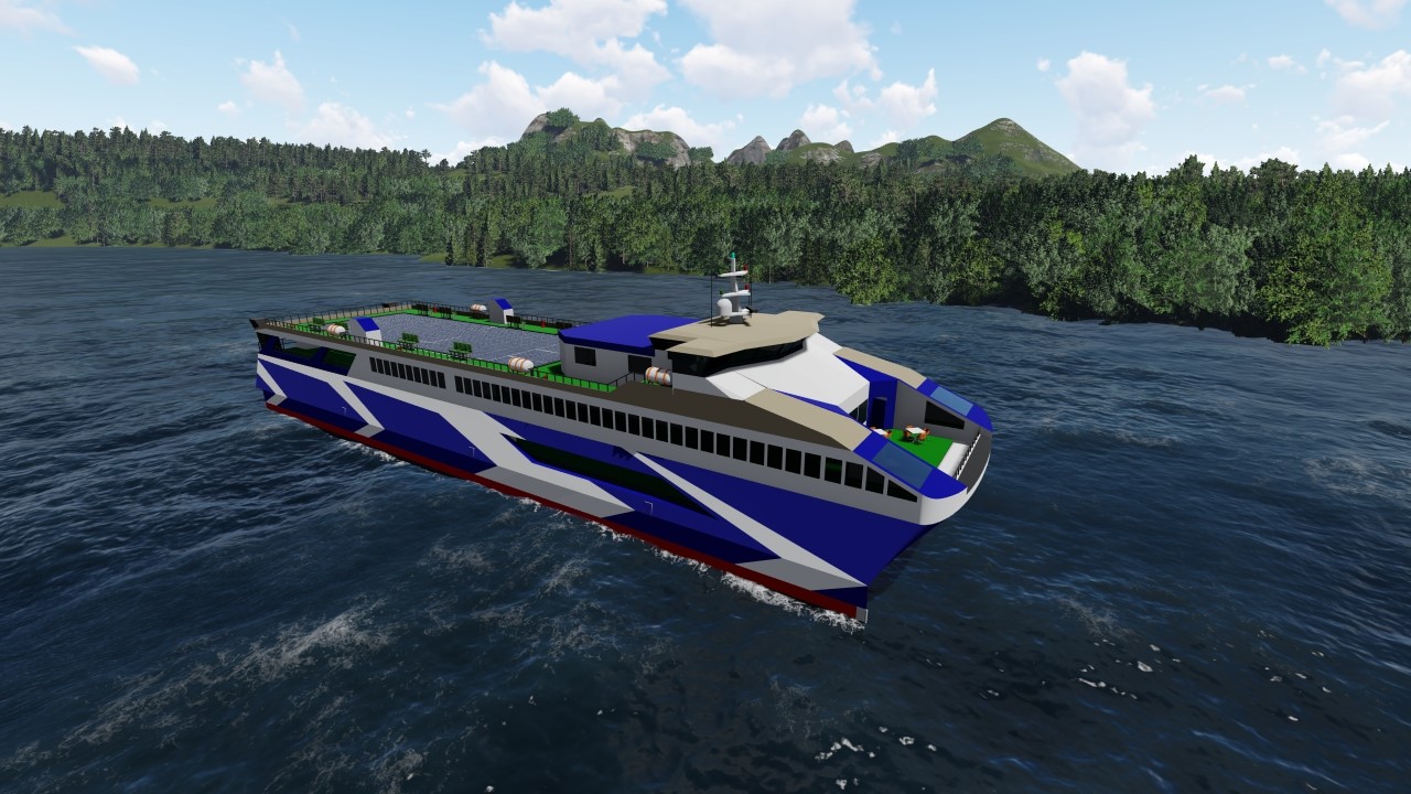 Desain Kapal MV Lanterna karya Tim Nawasena ITS pada International Student Design Competition 2021 yang diselenggarakan oleh Worldwide Ferry Safety Association. 