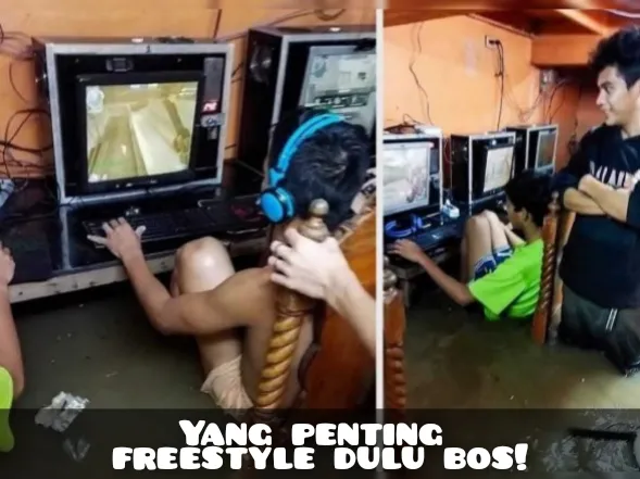 Lagi Push Rank Bosque! Sekelompok Gamer Ini tetap Khusyuk Bermain meski Kebanjiran