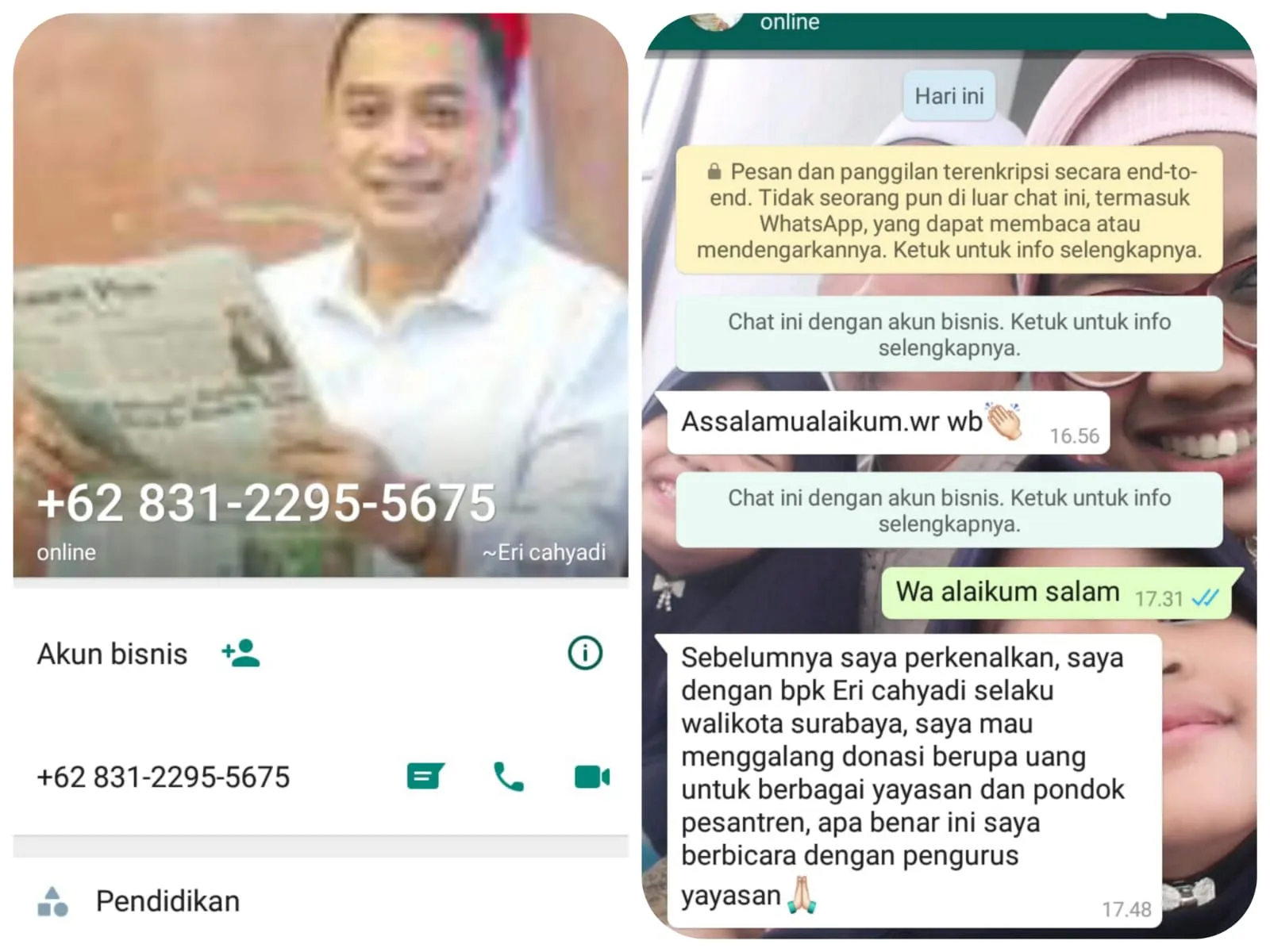Tangkapan layar akun WhatsApp yang mengatasnamakan Wali Kota Surabaya Eri Cahyadi.