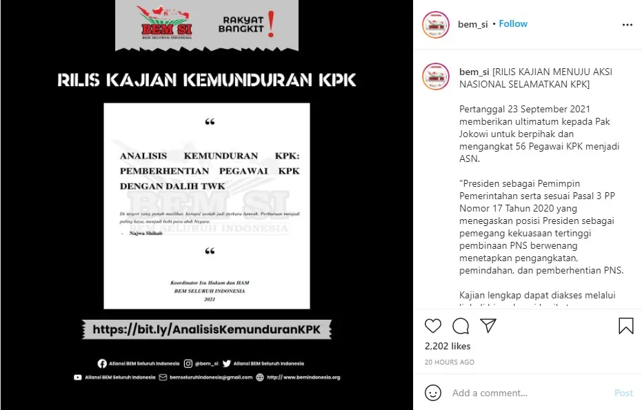 Tuntutan tak Digubris Jokowi, BEM se-Indonesia Demo Presiden di KPK Siang Ini
