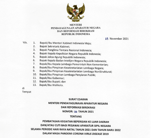 Surat Edaran Menteri PANRB No. 26/2021.