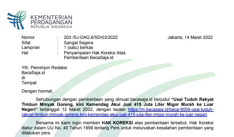 Klarifikasi Kemendag atas Pemberitaan Kasus Minyak Goreng di Bacasaja.id, 12 Maret 2022