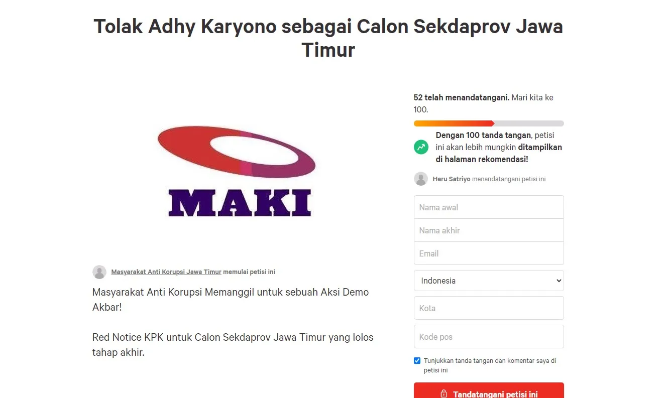 Tolak Adhy Karyono sebagai Calon Sekdaprov, MAKI Jatim Luncurkan Petisi Penolakan