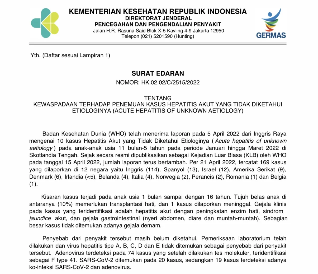 Kemenkes Keluarkan Edaran Kewaspadaan Terhadap Penemuan Kasus Heptitis Akut