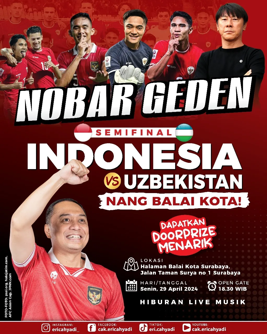 Banyak Doorproze! Wali Kota Eri Cahyadi Gelar Nobar Timnas Indonesia vs Uzbekistan di Balai Kota Surabaya