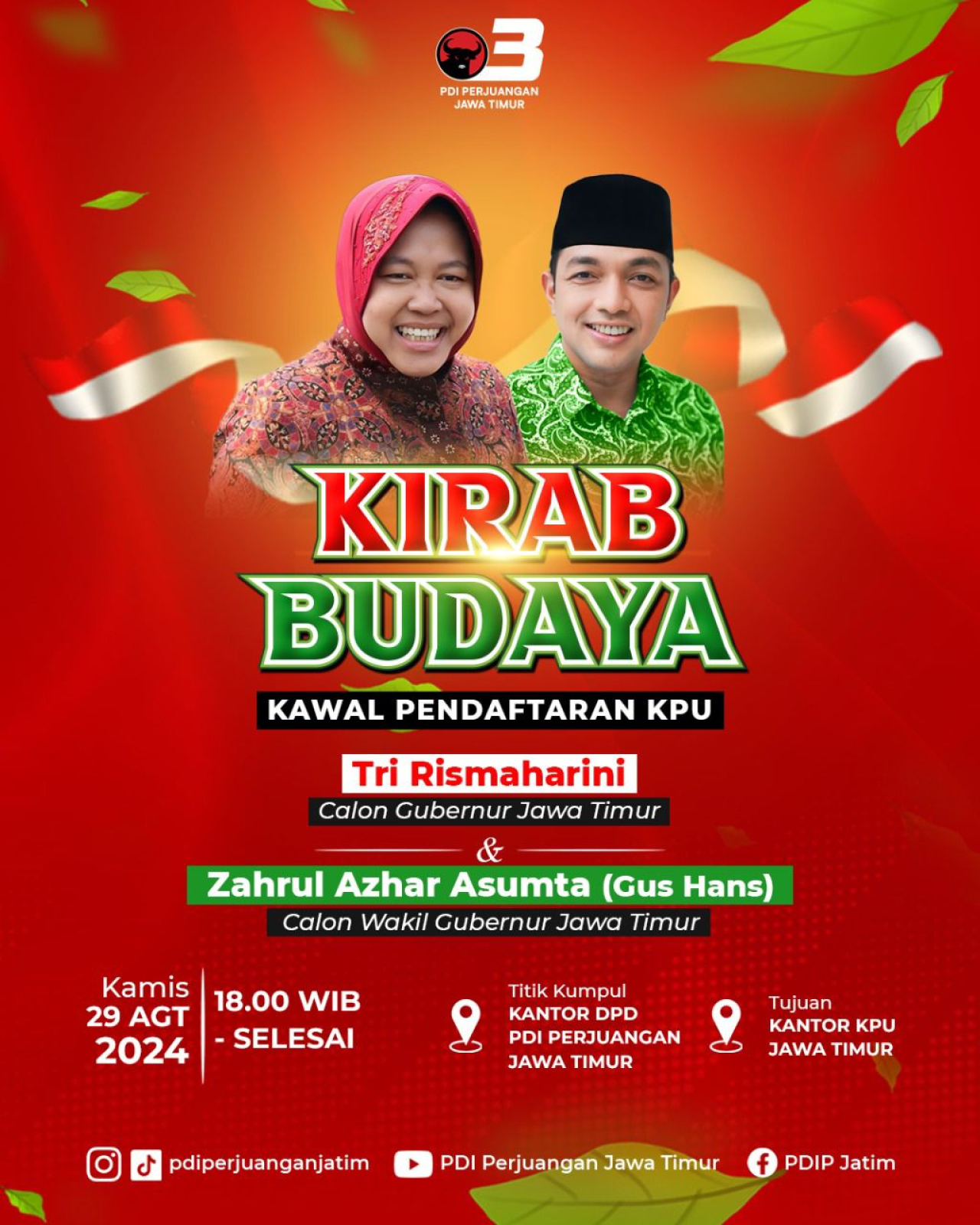 Tri Rismaharini dan Gus Hans akan mendaftar ke KPU hari ini, 29 Agustus 2024.