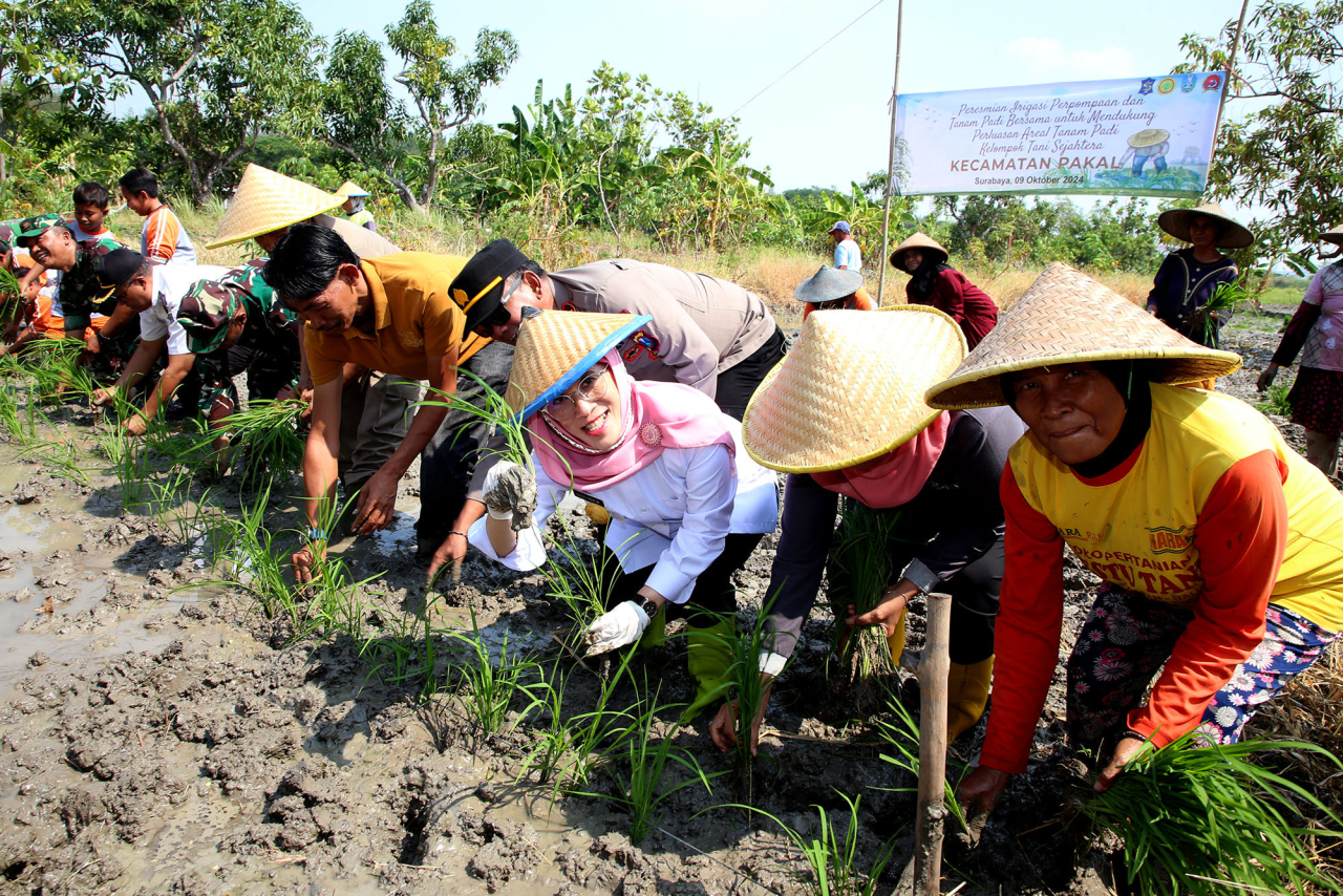 Penjabat Sementara (PJs) Wali Kota Surabaya Restu Novi Widiani berbaur dengan para petani di Kecamatan Pakal