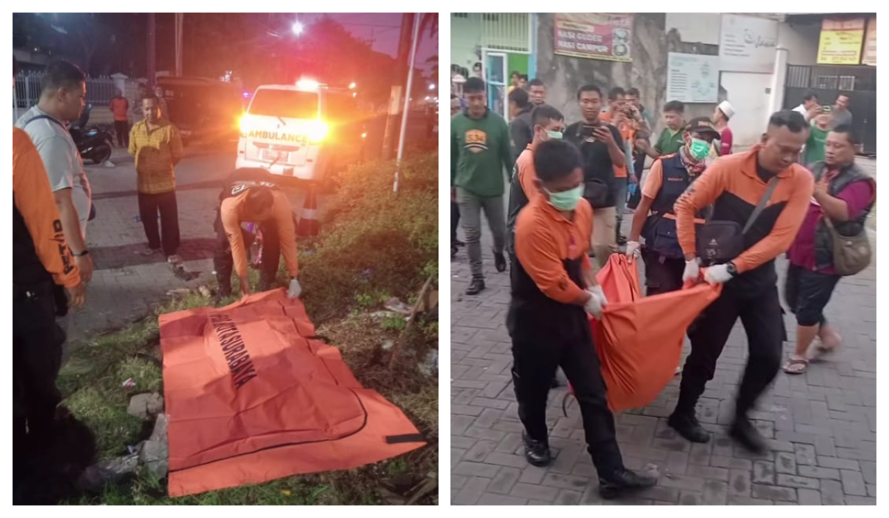 Petugas mengevakuasi jasad terduga pelaku pencurian sepeda usai dihajar massa. 