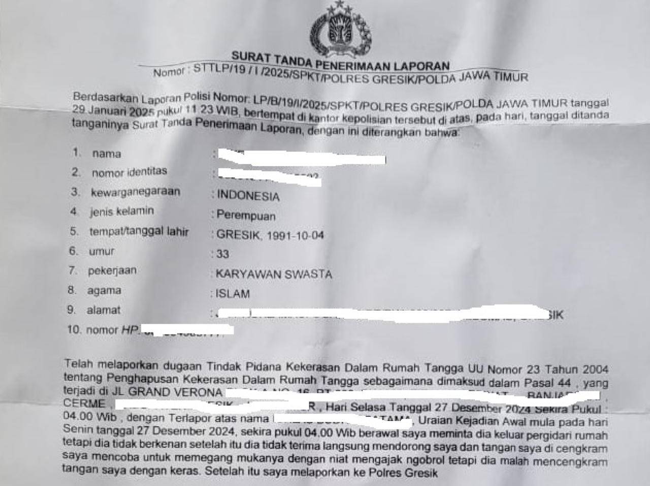 Laporan korban KDRT ke Polres Gresik