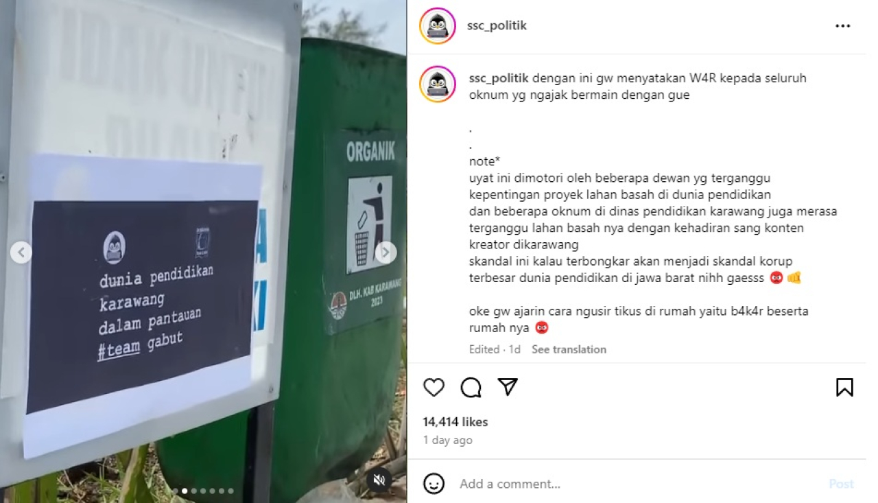 Unggahan akun instagram @ssc_politik yang menamakan dirinya Team Gabut menyoroti kasus di dunia pendidikan Karawang.