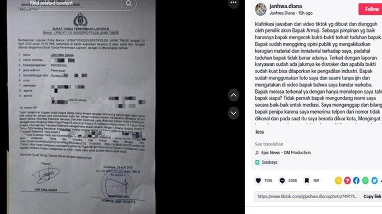 Unggahan Jan Hwa Diana di Facebook