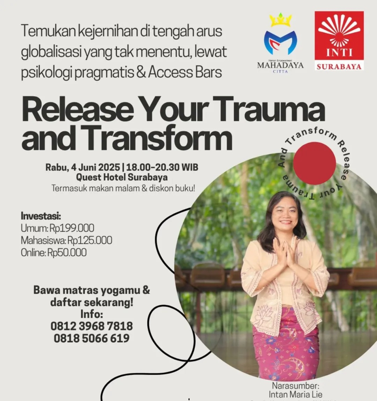 Intan Maria Lie, nara sumber di Seminar Release Your Trauma and Transform yang digelar INTI Surabaya. (Instagram @intisby.id)