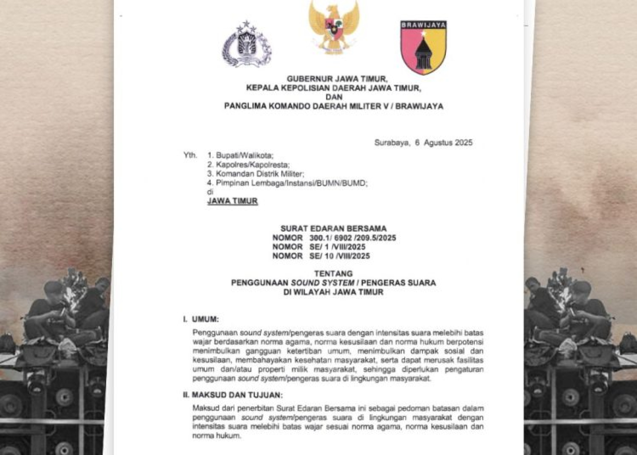 Aturan Sound Horeg yang diterbitkan Gubernur Jatim bersama Kapolda Jatim, Pangdam V Brawijaya, dan MUI