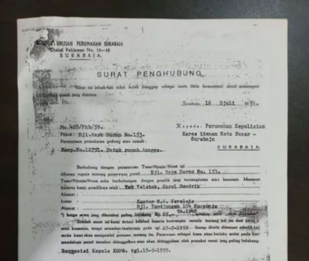 Dokumen surat resmi tahun 1959 terkait sejarah rumah di jalan raya Darmo 153 Surabaya