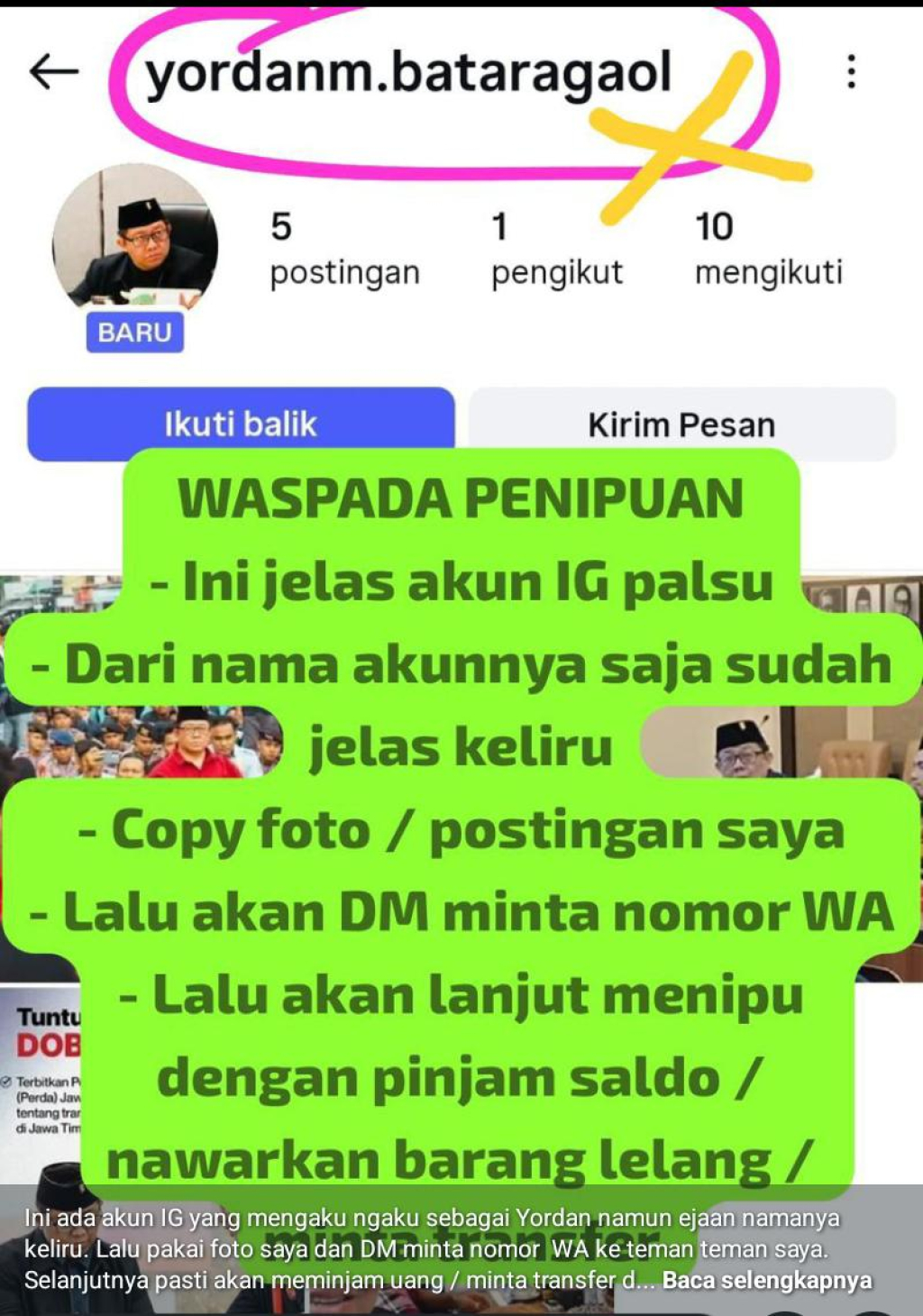 Akun IG palsu Yordan Batara Goa
