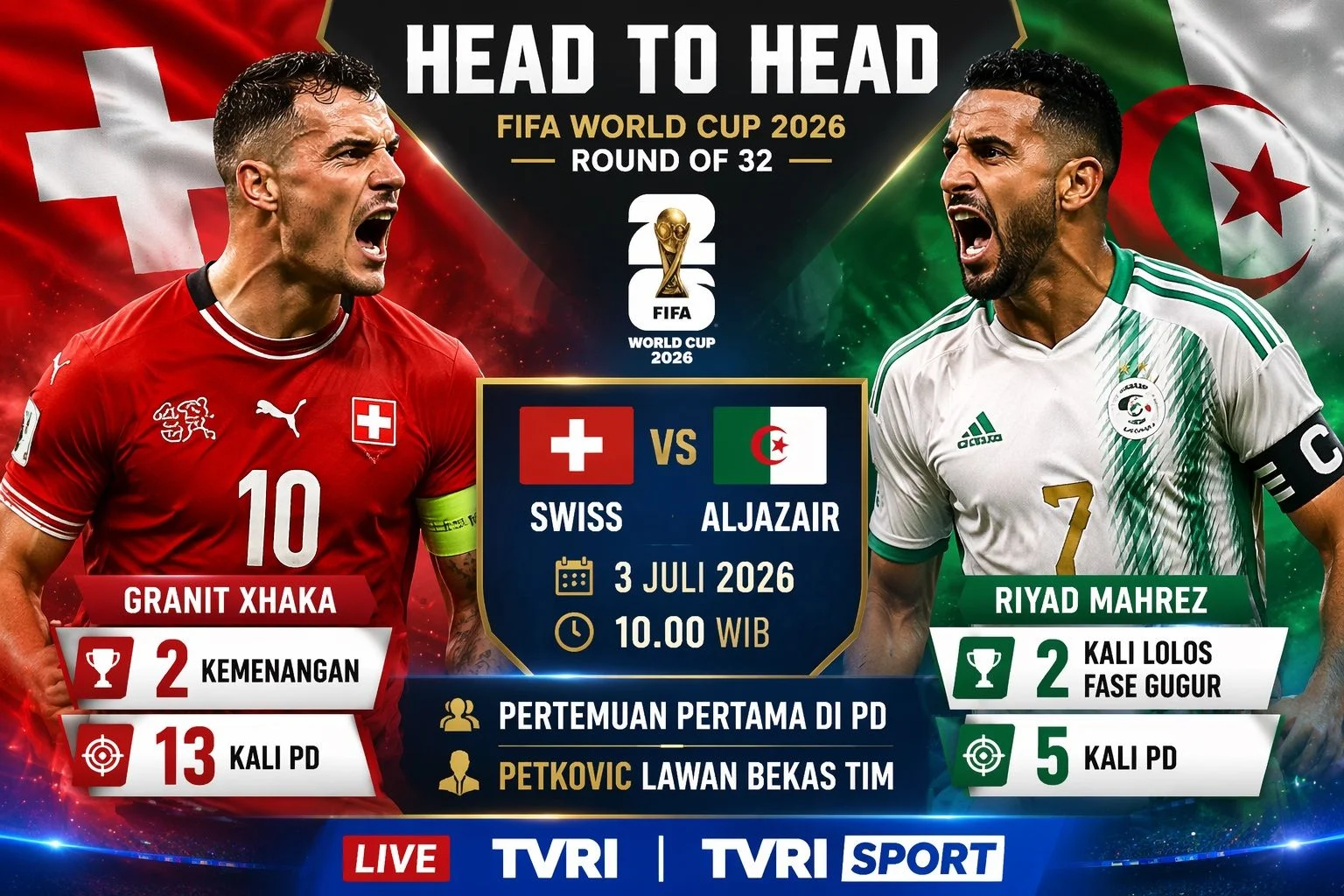 Prediksi dan Head to Head Swiss vs Aljazair Babak 32 Besar Piala Dunia 2026: Rossocrociati Tetap Favorit!