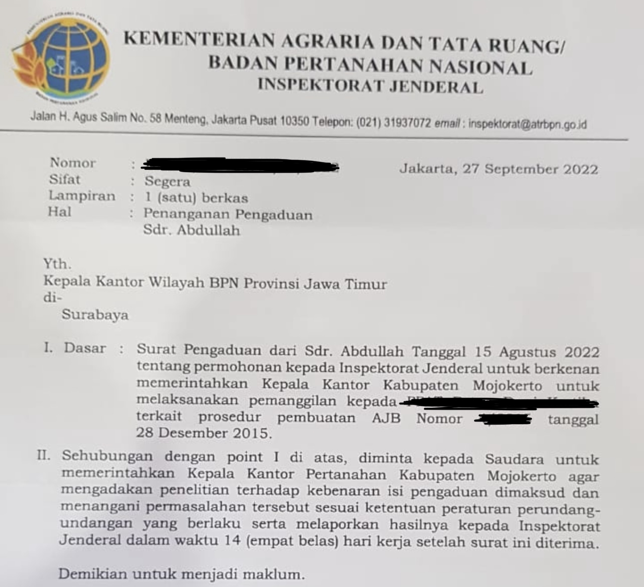 Surat dari Inspektorat Jendral Kementerian Agraria dan Tata Ruang/Kepala Badan Pertanahan Nasional (ATR/BPN)
