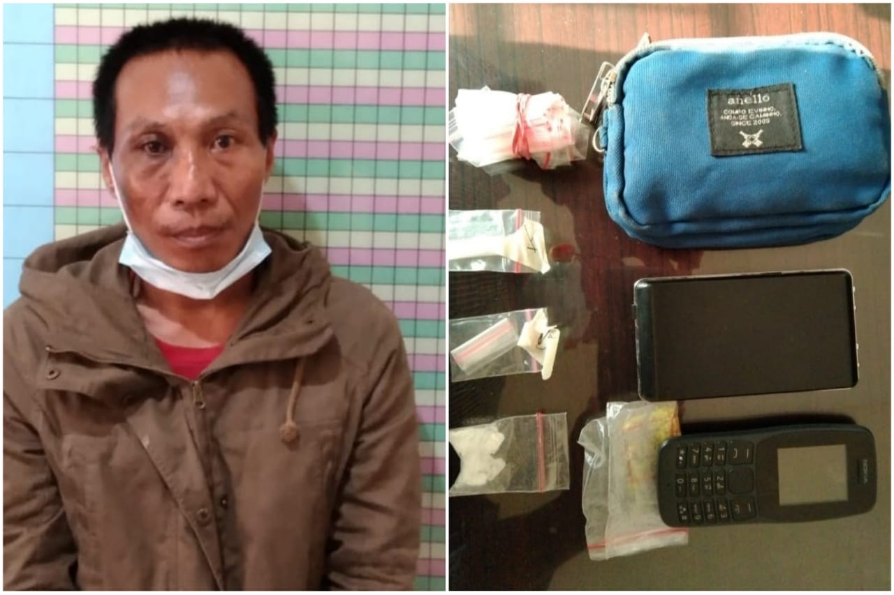 Slamet saat diamankan beserta barang buktinya oleh Satresnarkoba Polres Mojokerto