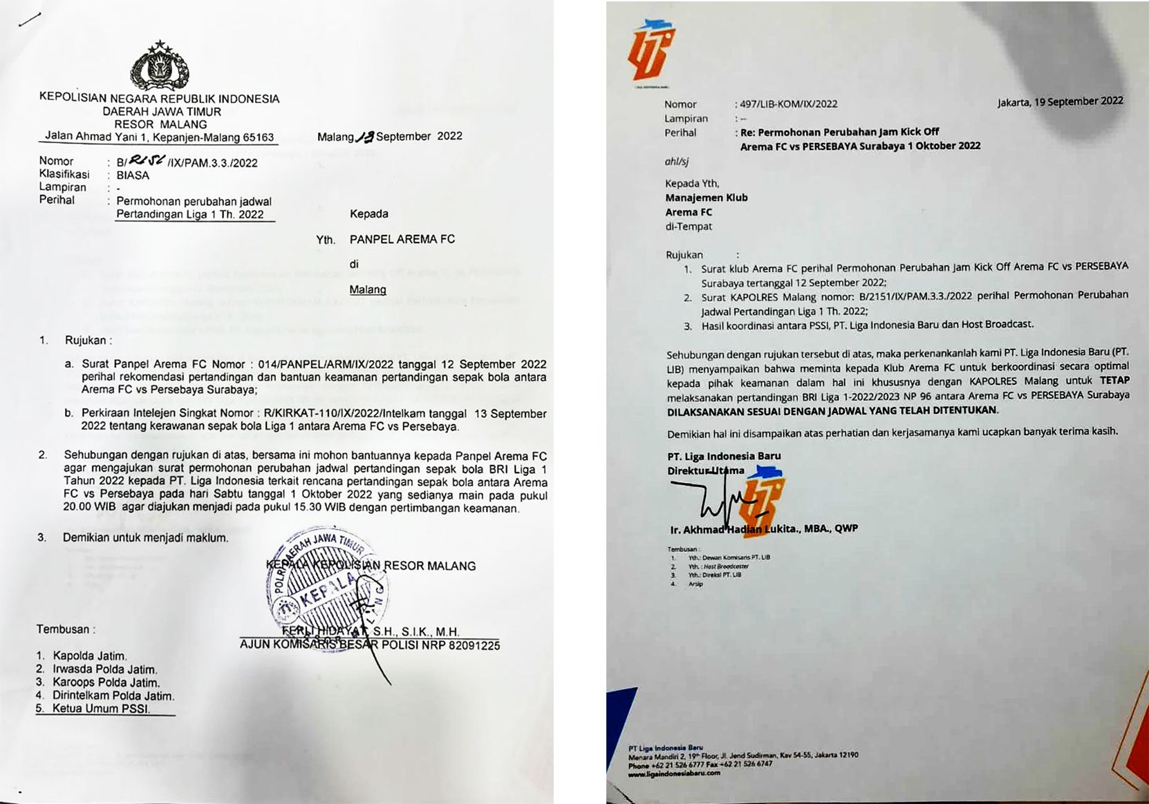Polres Malang sudah bersurat kepada pihak manajemen panpel arema FC terkait permohonan perubahan jadwal pertandingan liga 1 tahun 2022 antara arema FC VS Persebaya