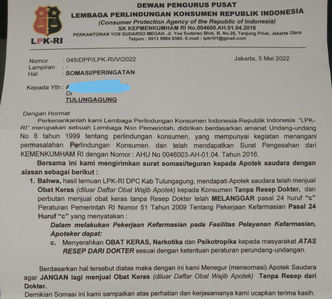 Surat yang dikirimkan ke apotek oleh sebuah LSM