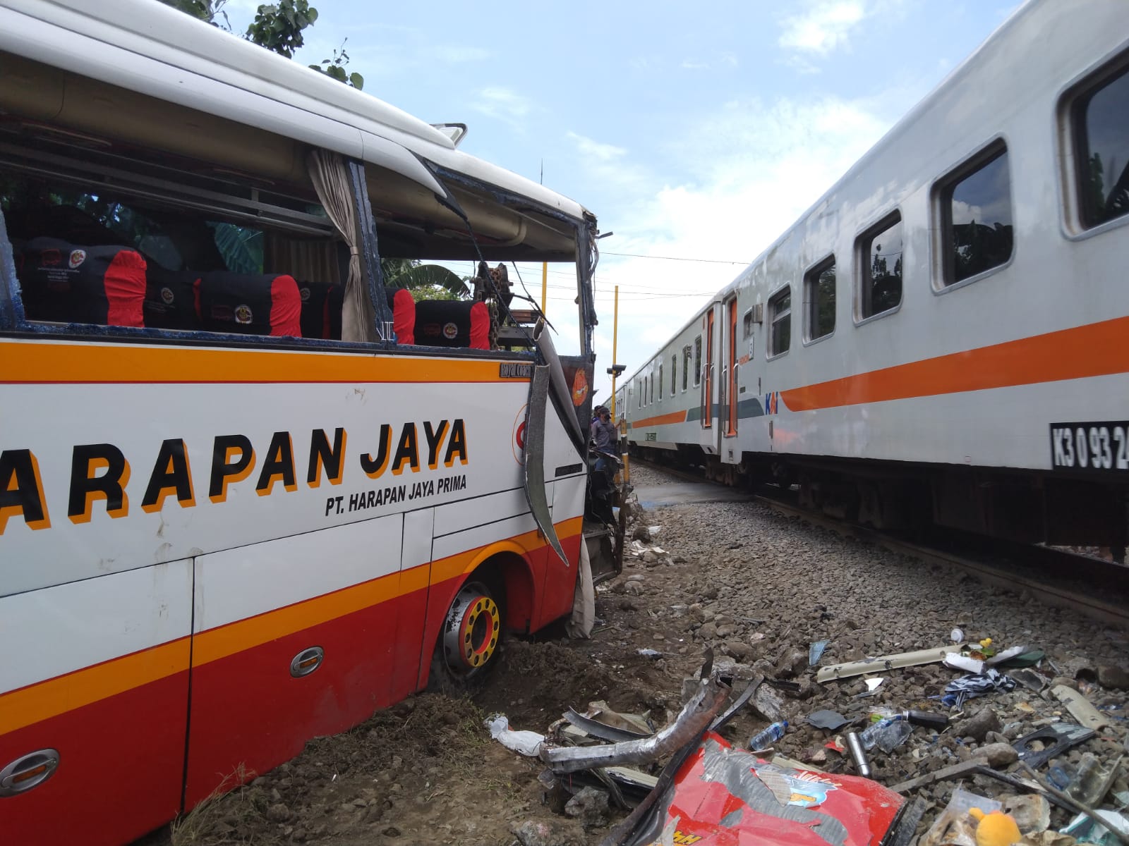 Kecelakaan Bus Harapan Jaya VS KA di perlintasan tanpa palang pintu Desa Ketanon Kecamatan Kedungwaru pada 27 Februari 2022 lalu