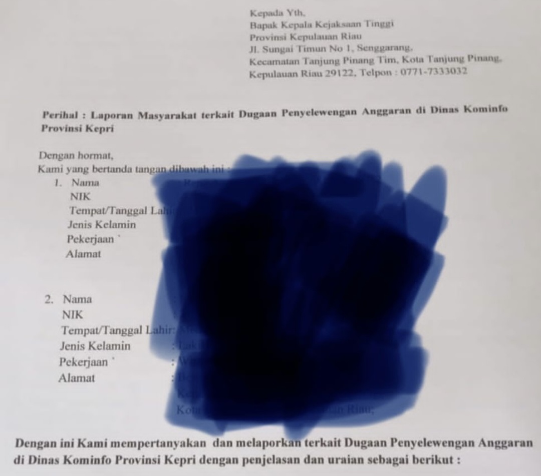 Surat laporan ke Kejati Kepri, dengan tembusan ke Kejagung dan KPK