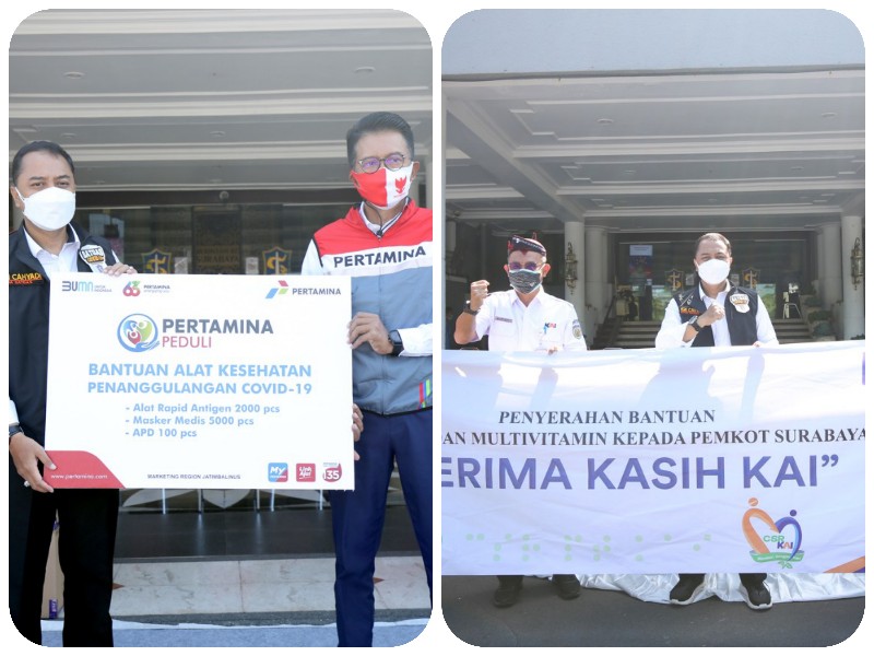 PT Pertamina dan PT Kereta Api Indonesia (KAI) Daop 8 yang diserahkan secara simbolis di halaman Balai Kota Surabaya
