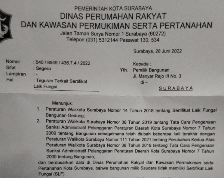 Surat Teguran untuk pemilik klinik gigi Jet-Z di Jalan Manyar Rejo III Nomor 3 Surabaya