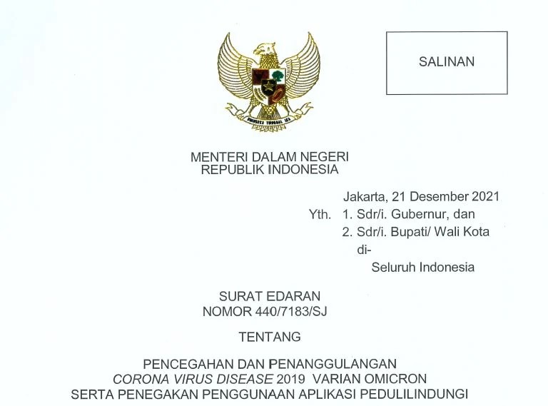  Surat Edaran (SE) Nomor 440/7183/SJ tentang Pencegahan dan Penanggulangan Corona Virus Disease 2019 Varian Omicron serta Penegakan Penggunaan Aplikasi Pedulilindungi.