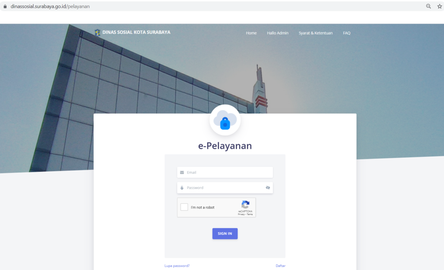 Laman e-Pelayanan Dinsos Surabaya.