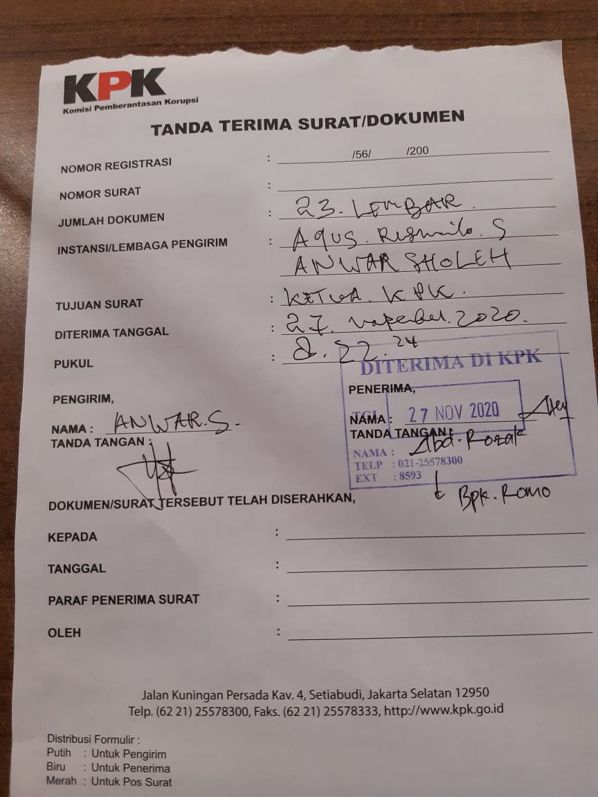 Surat tanda Terima laporan ke KPK atas nama pelapor Agus Susanto Rismanto tertanggal 27 November 2020. ( foto: San ) 