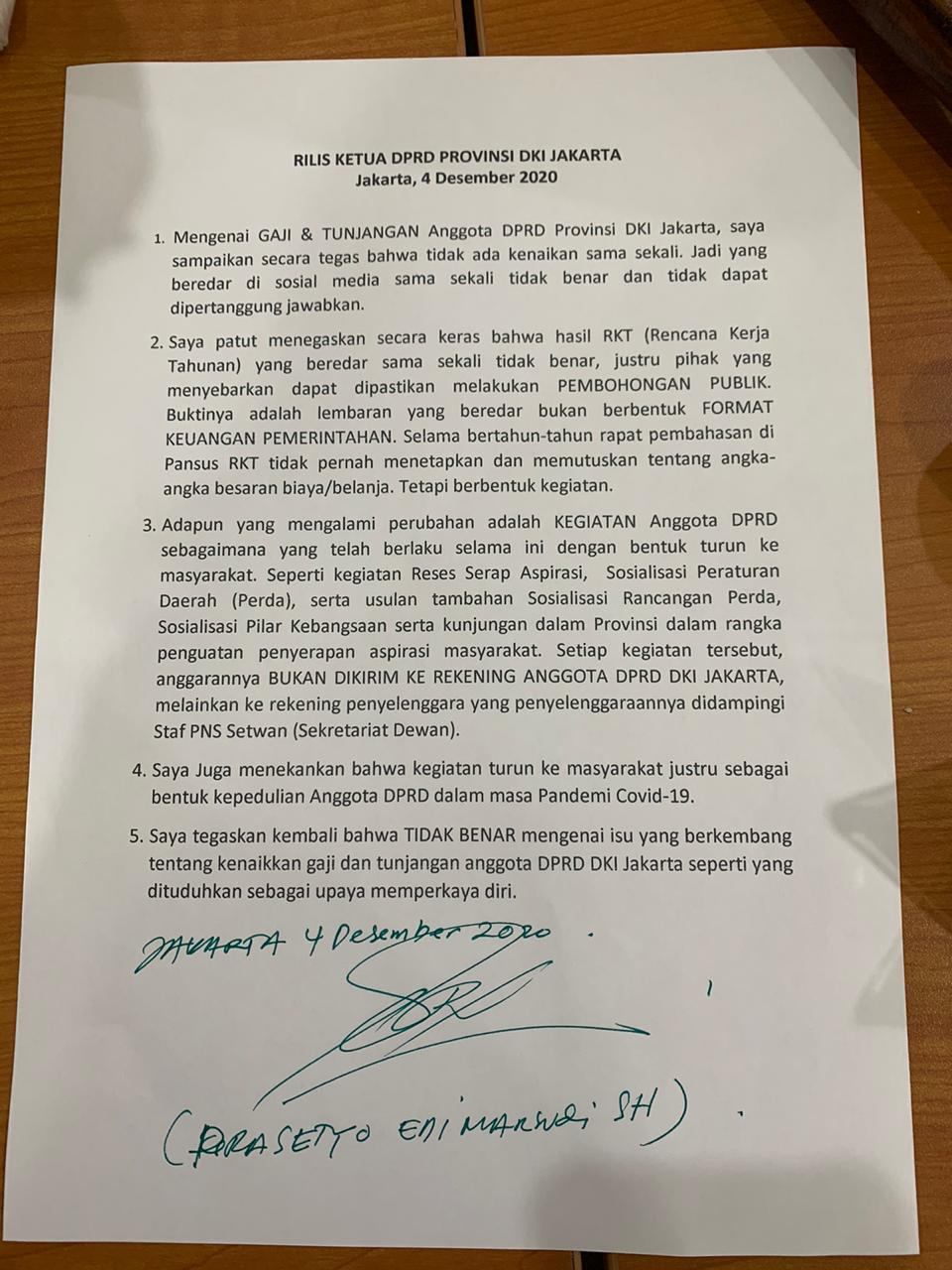 Press rilis Ketua DPRD DKI Jakarta Prasetyo Edi Marsudi soal isu kenaikan gaji anggota DPRD DKI Jakarta. (Foto: Ali ) 