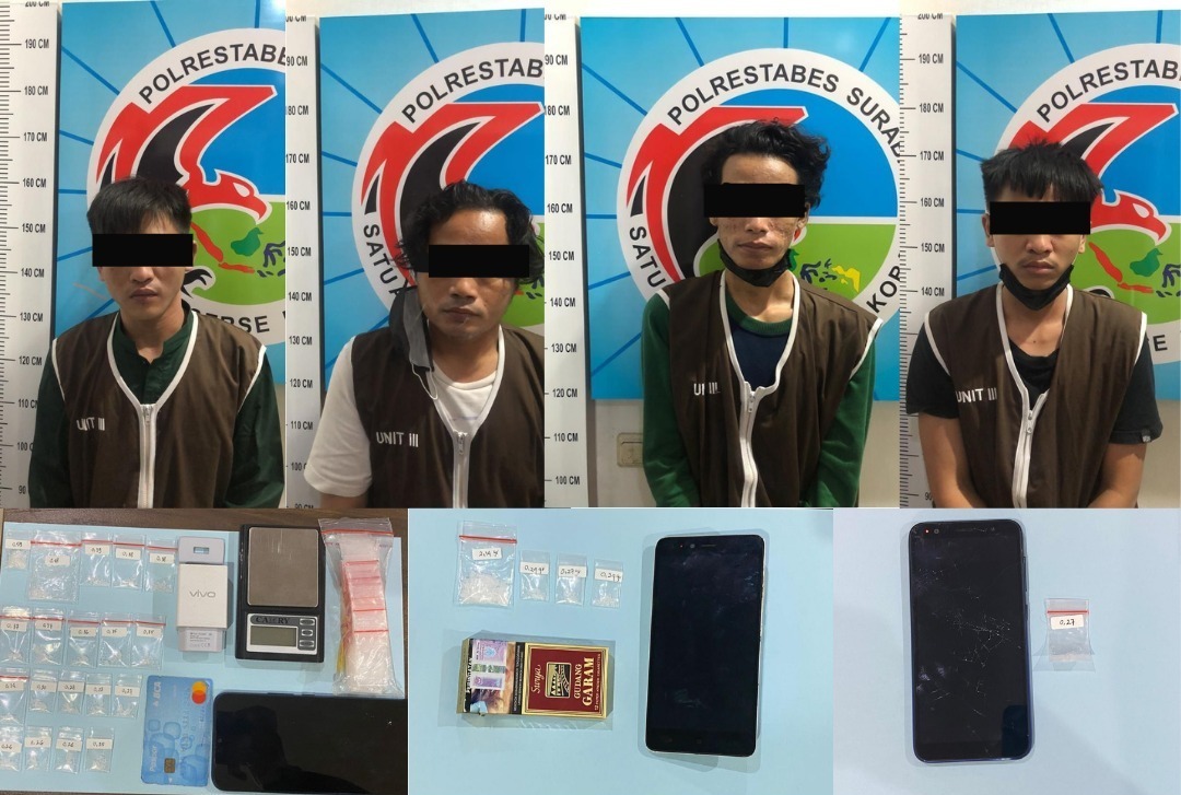 Keempat pelaku dan barang buktinya.