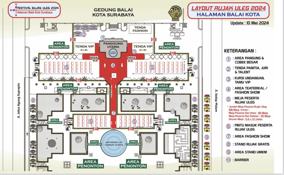 Denah Festival Rujak Uleg dan alur rekayasa lalu lintas di sekitar Balai Kota Surabaya