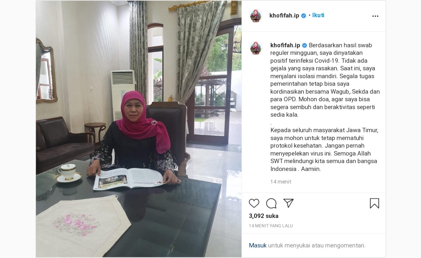 Gubernur Jawa Timur, Khofifah Indaroarawansa dan postingannya di Instagram. 