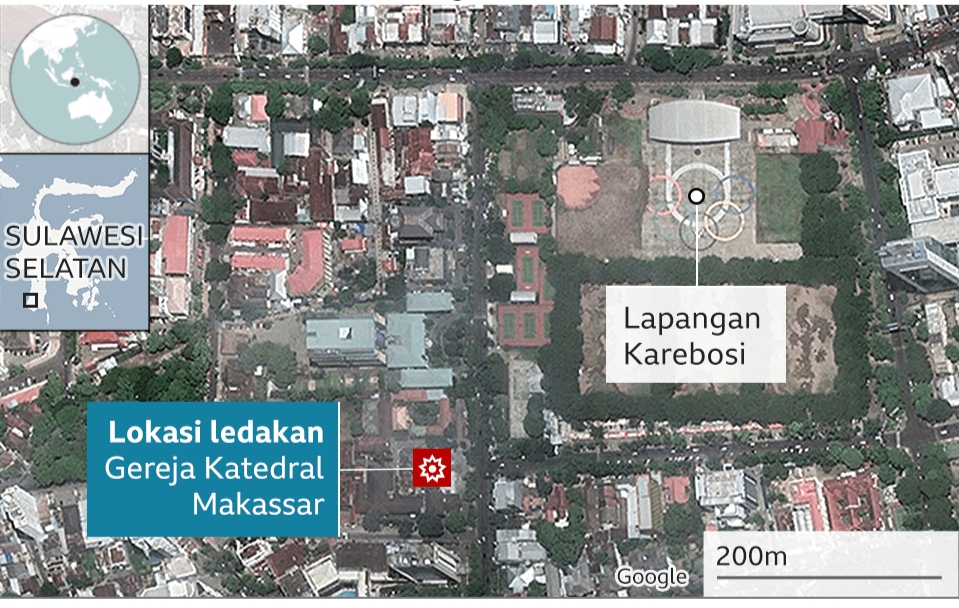 Peta lokasi ledakan di Gereja Katedral, Makassar (BBC News)