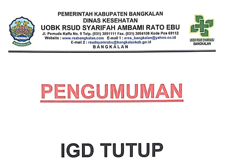Pengumuman RSUD Syarifah Ambami Rato Ebu, Bangkalan, Madura yang meminta tutup sementara waktu akibat lonjakan pasien Covid-19