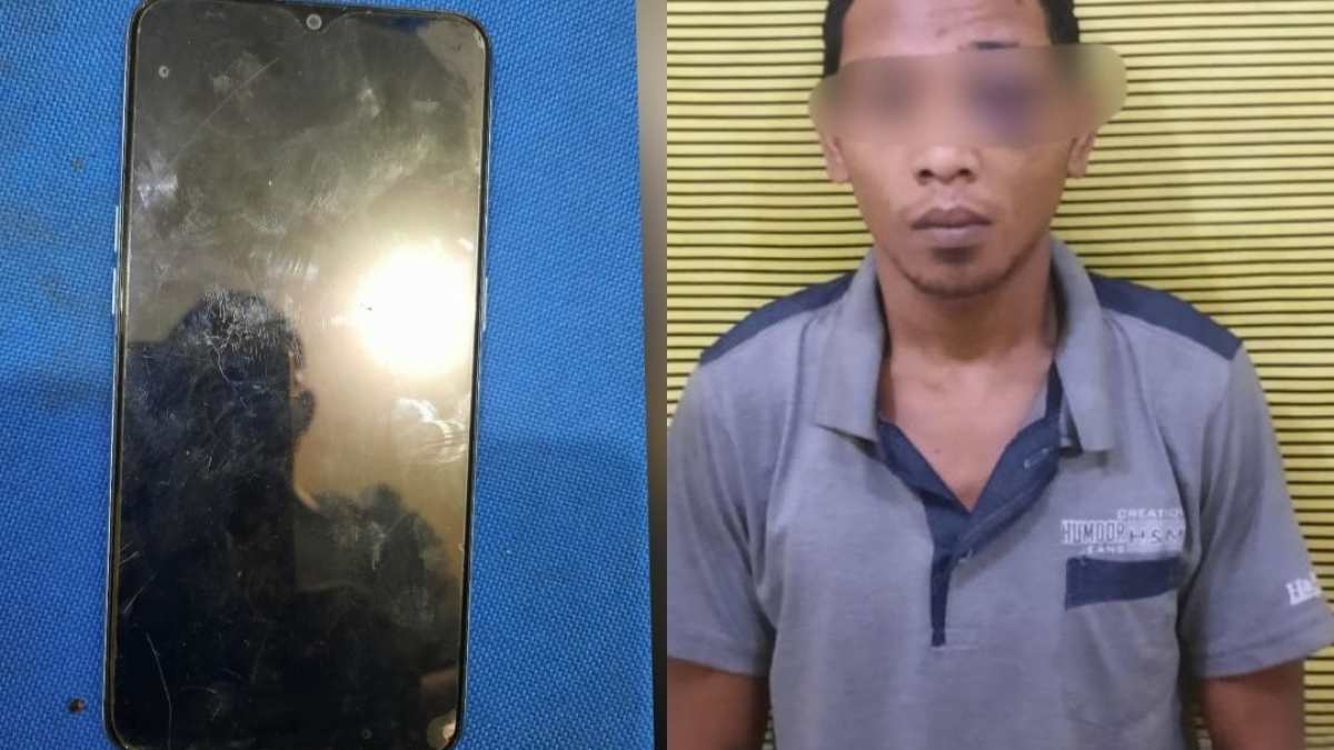 Pelaku jambret dan barang bukti HP.