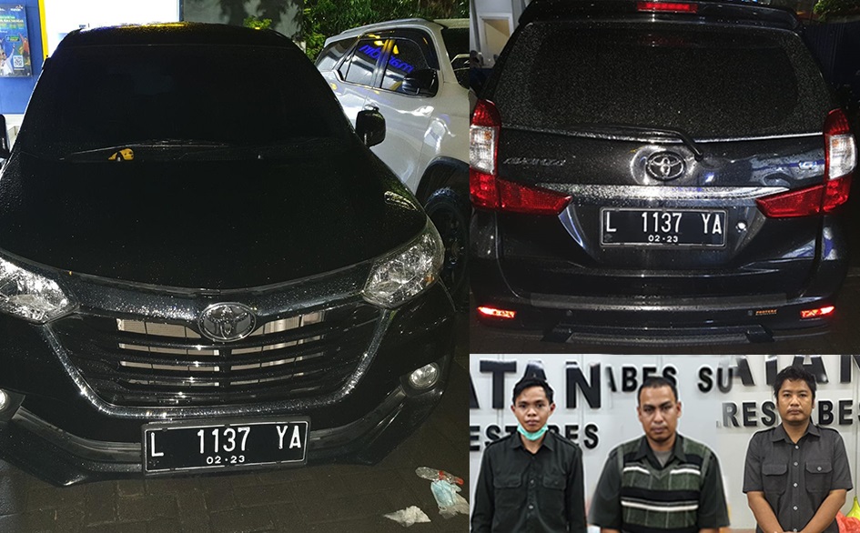 Kolase foto tiga pelaku pencurian mobil Bank Jatim dan mobil yang dicuri. (Foto:Jemmi-Rizki/IST/Bacasaja.id)