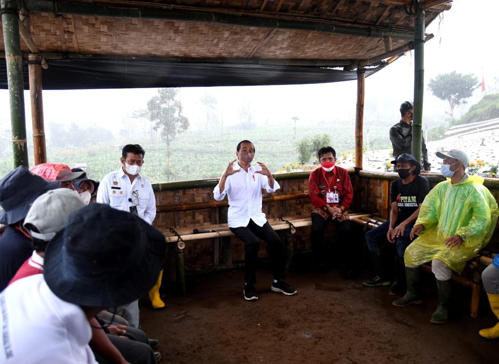 Presiden Jokowi berdialog dengan sejumlah petani di Desa Lamuk, Kecamatan Kalijajar, Kabupaten Wonosobo, Provinsi Jawa Tengah