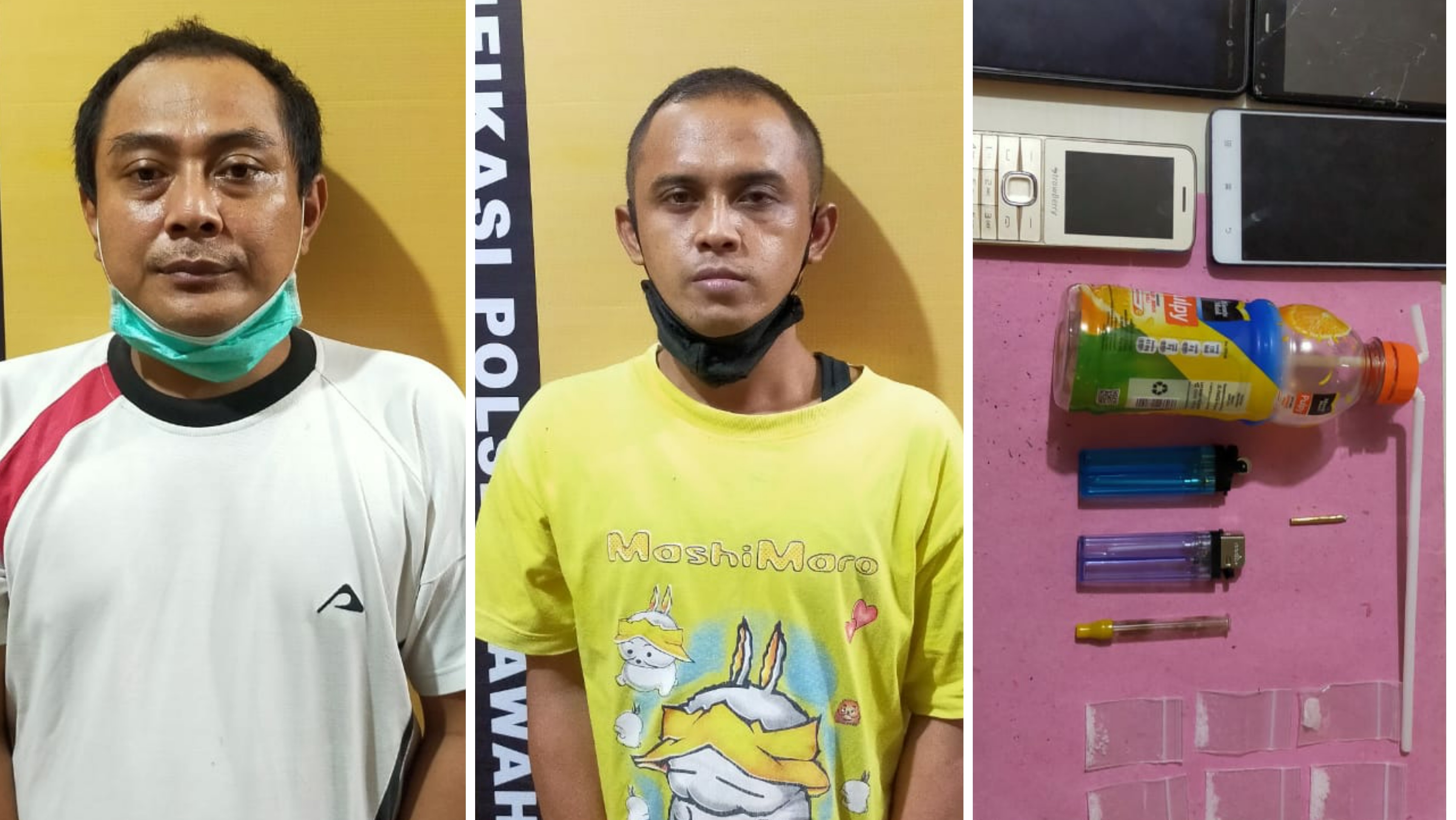Teks foto : Nyoman Budiarta dan Andik Kusnadi saat diamankan di Mapolsek Sawahan beserta barang bukti. 