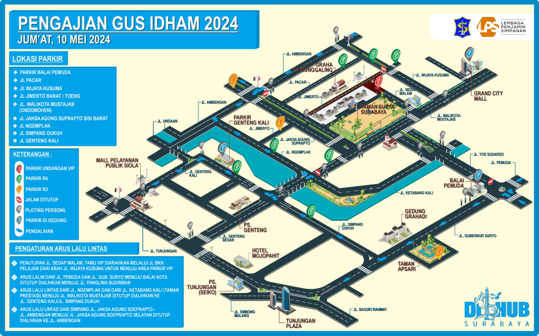 Skema pengalihan arus lalu lintas di acara pengajian Gus Iqdam di Balai Kota Surabaya