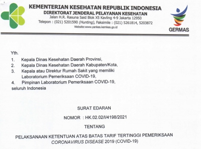 Surat Edaran (SE) nomor HK.02.02/I/4198/2021 tentang Pelaksanaan Ketentuan Atas Batas Tarif Tertinggi Pemeriksaan COVID-19.