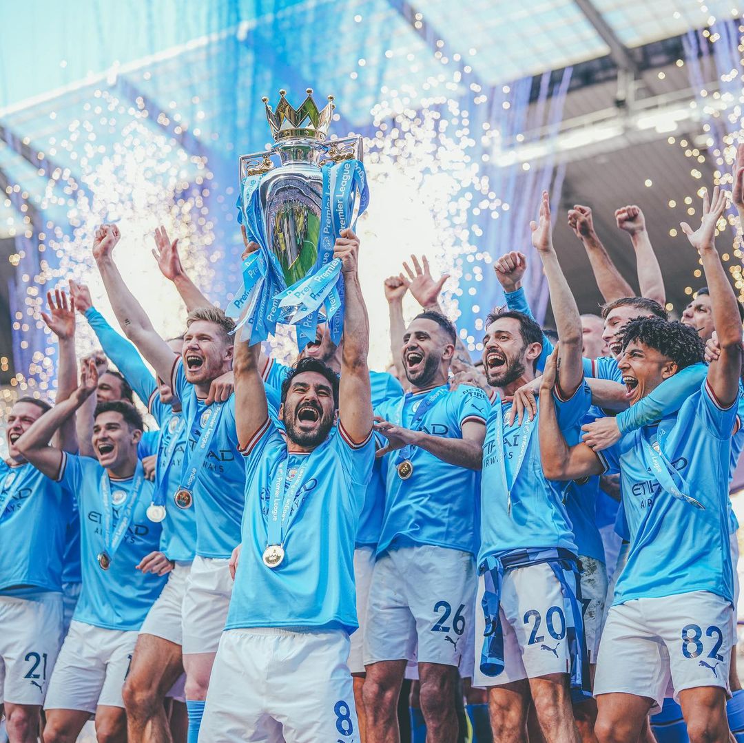 Manchester City menjadi juara Liga Inggris musim 2023-2024 setelah mengalahkan West Ham pada pekan ke-38 Liga Primer Inggris di Etihad Stadium, Minggu (19/5/2023) malam. (Foto: Instagram mancity)
