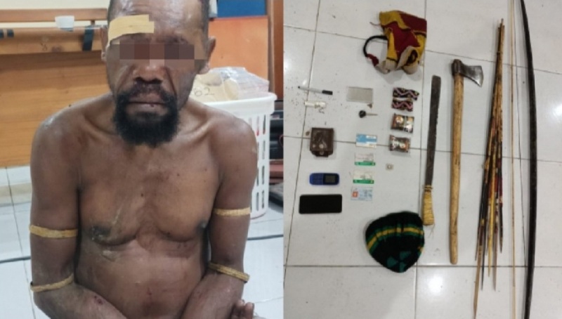 Pelaku yang diamankan berikut senjatanya.