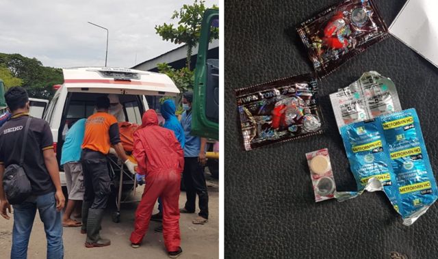 Petugas medis saat mengevakuasi jasad korban dan barang bukti yang diamankan polisi.