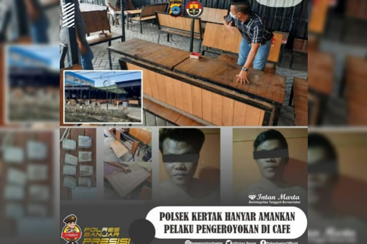 Dua pelaku pengeroyokan ditangkap dan suasana TKP.
